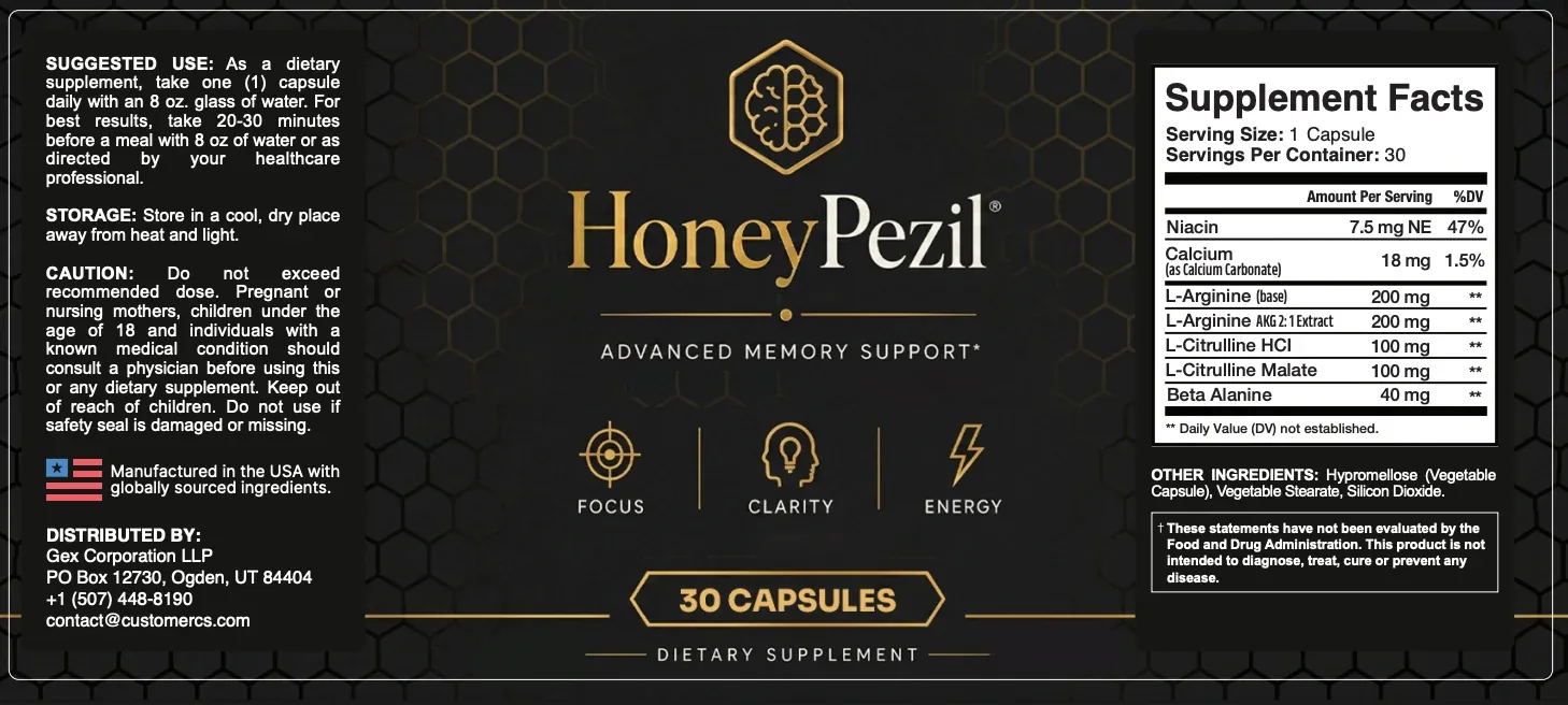 HoneyPezil Supplement Facts panel showing the botanical actives and honey base with amounts